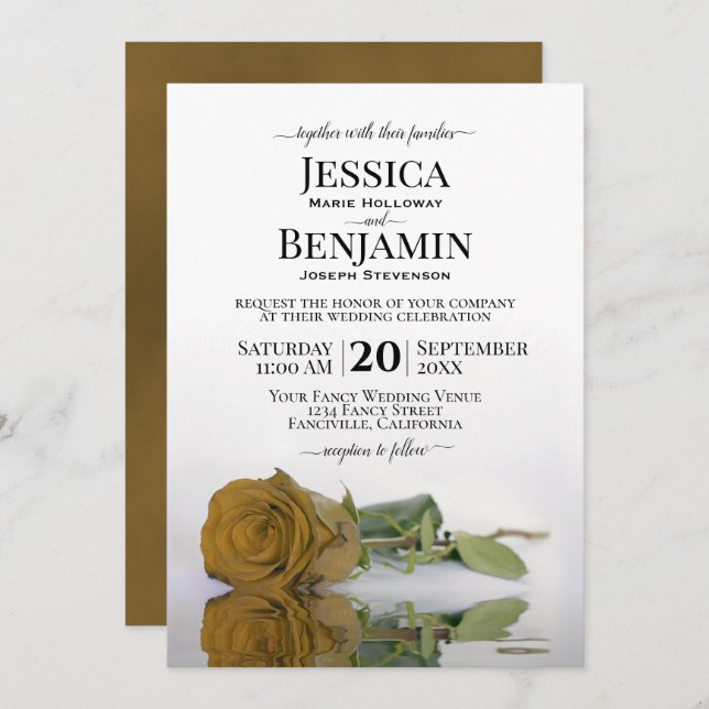 Long-Stemmed Golden Rose Elegant Wedding Invitation (Front/Back)