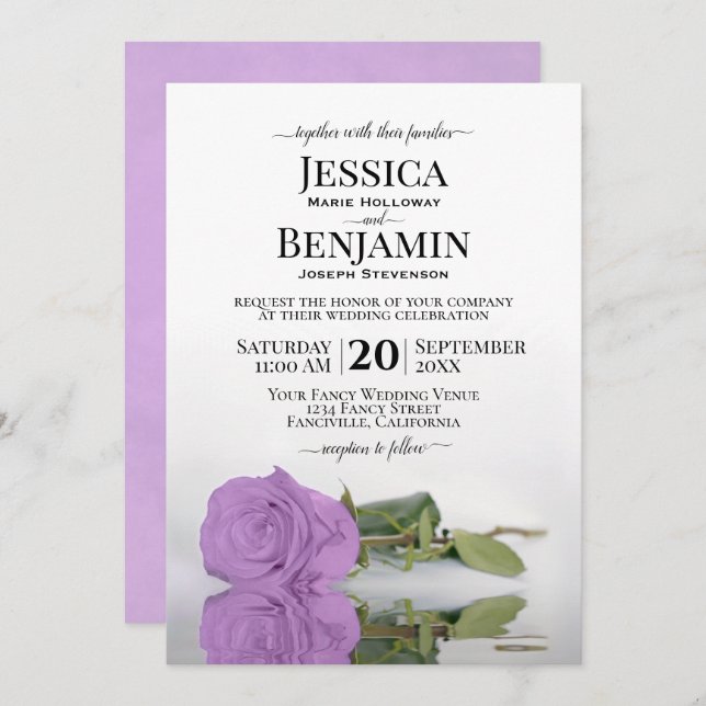 Long-Stemmed Lilac Purple Rose Elegant Wedding Invitation (Front/Back)