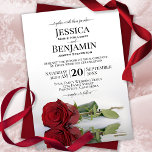 Long Stemmed Red Rose Elegant Wedding Invitation<br><div class="desc">This wedding invitation is elegant, lush, and romantic. It features a gorgeous photo of a single long stemmed red rose lying on its side reflecting in water with waves and ripples. The back is a deep marbled red color. Beautiful way to invite your friends and family to share in your...</div>