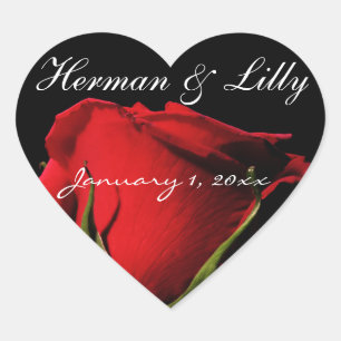 Long Stemmed Red Rose Personalised Wedding Heart Sticker