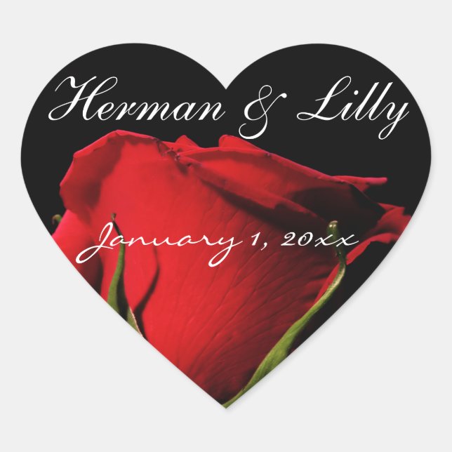 Long Stemmed Red Rose Personalised Wedding Heart Sticker (Front)