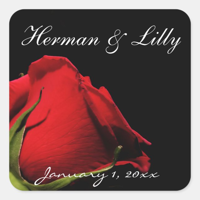 Long Stemmed Red Rose Personalised Wedding Square Sticker (Front)