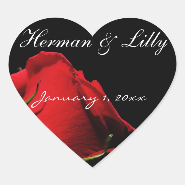 Long Stemmed Red Roses Personalised Wedding Heart Sticker (Front)