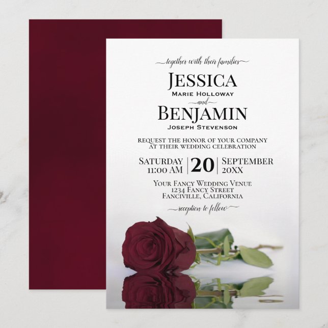 Long Stemmed Romantic Burgundy Rose Chic Wedding Invitation (Front/Back)