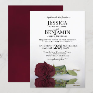 Long Stemmed Romantic Burgundy Rose Chic Wedding Invitation