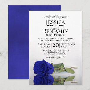 Long Stemmed Royal Blue Rose Elegant Wedding Invitation