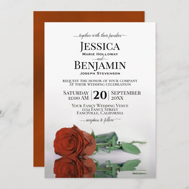 Long-Stemmed Rust Orange Rose Elegant Wedding Invitation (Front/Back)