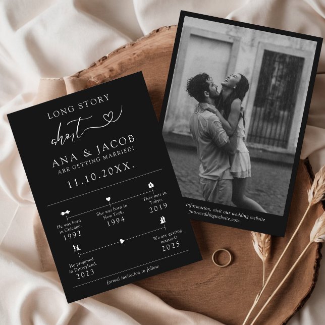 Long Story Short Timeline Infographic Black Save The Date (Long Story Short Photo Save the Date Our Story Relationship Timeline Map Black Infographic Unique)