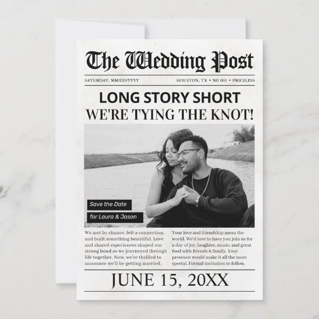 Long Story Short Wedding Save The Date Newspaper  Holiday Card (Front)
