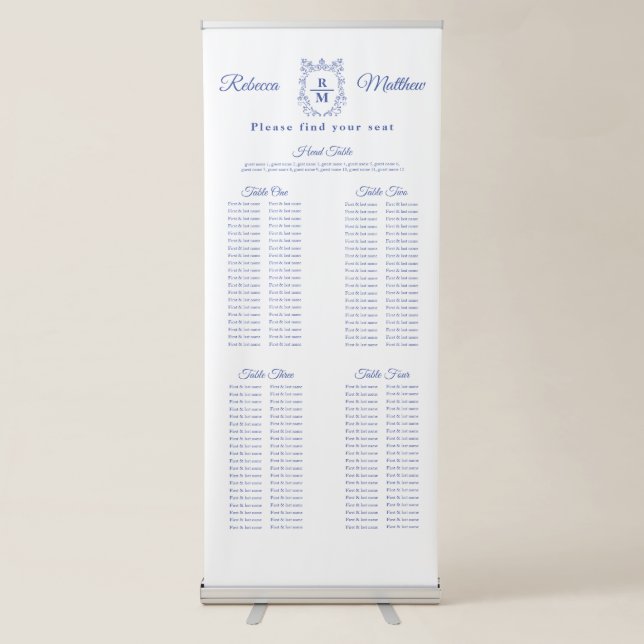 Long Tables Banqueting Seating Chart Blue Crest  Retractable Banner (Front)