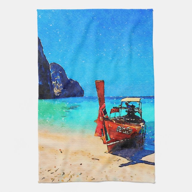 Long tail boat on Thai Tea Towel (Vertical)