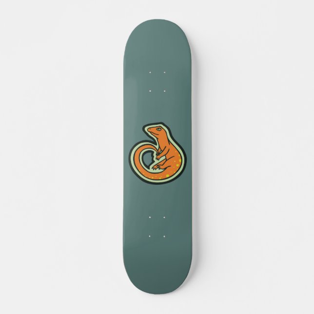 Long Tail Orange Lizard With Spots Drawing Design Skateboard (Front)