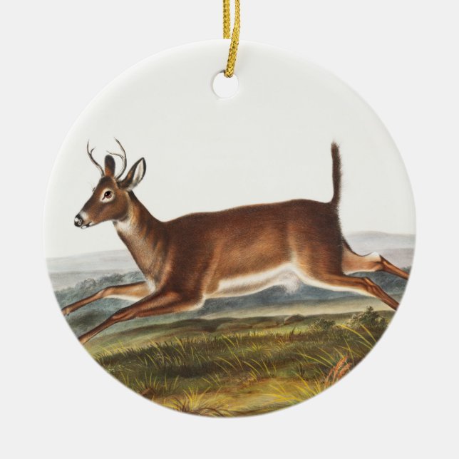 Long-tailed Deer (Cervus leucurus) Illustration Ceramic Tree Decoration (Front)