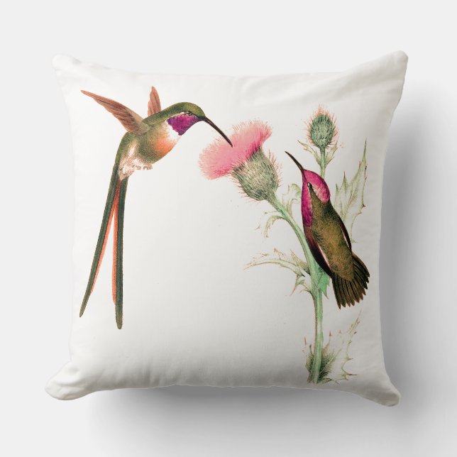 Long Tailed Hummingbird Birds Flowers Throw Pillow (Front)