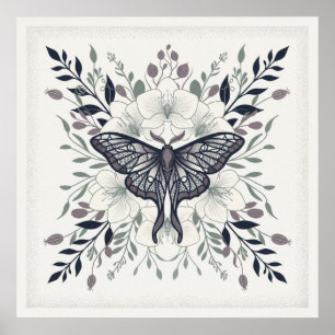 Long Tailed Moth Ivory Floral Botanical Poster