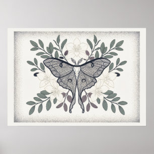 Long Tailed Moth Ivory Lily Botanical Poster