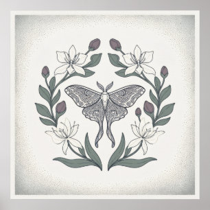 Long Tailed Moth Ivory Lily Floral Wreath Poster