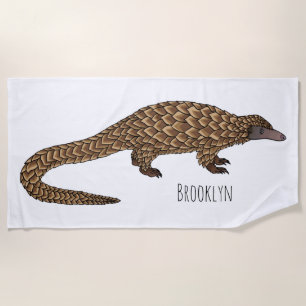 Long-tailed pangolin cartoon illustration beach towel