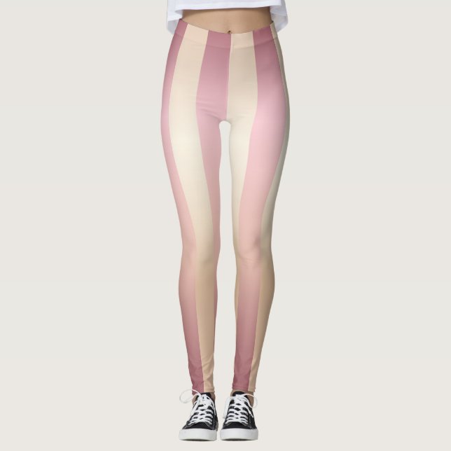 Long Vertical Gold Rose, Ivory, Stripe Leggings (Front)