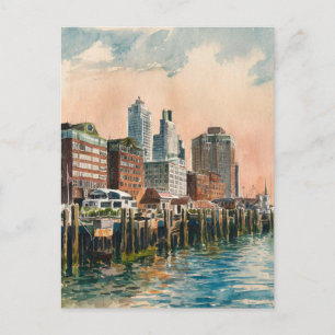 Long Wharf Boston Vintage Watercolor Painting Postcard