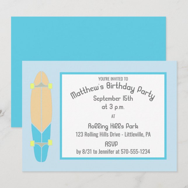 Longboard Skateboard Birthday Party Invitation (Front/Back)