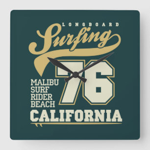 Longboard Surfing   California 76 Square Wall Clock