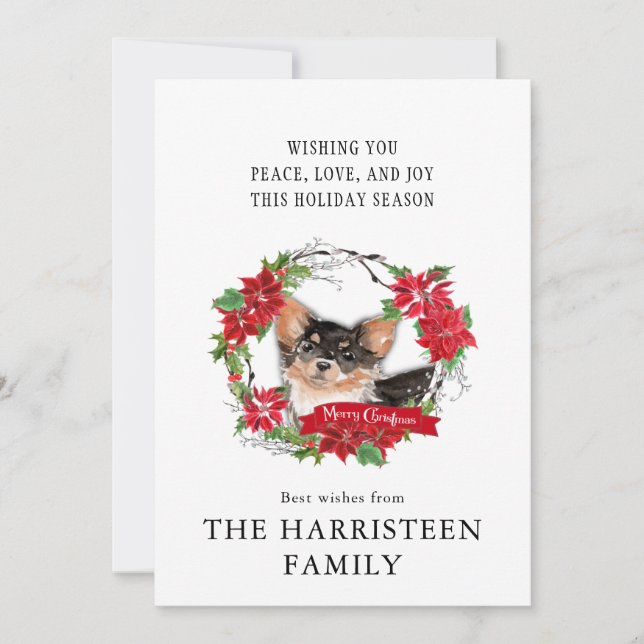 Longhair Chihuahua Watercolor Poinsettia Christmas Holiday Card (Front)