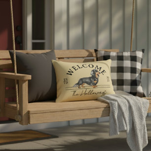 Longhair Dachshund Custom Family Name Welcome Decorative Cushion