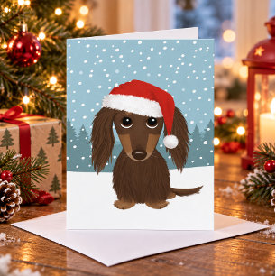 Longhaired Black and Tan Dachshund Santa Christmas Holiday Card