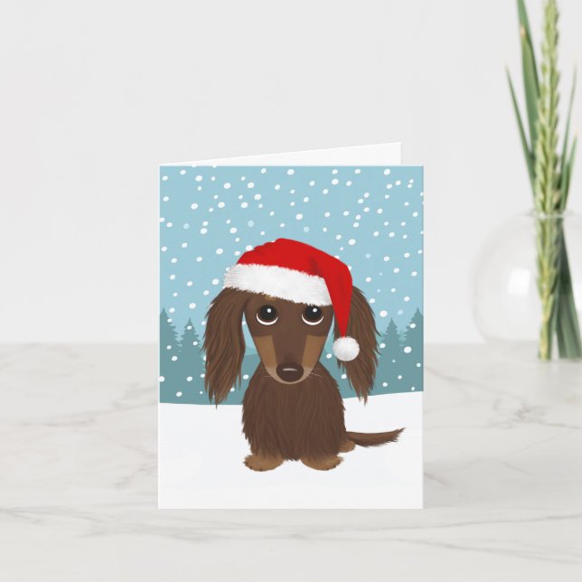Longhaired Black and Tan Dachshund Santa Christmas Holiday Card (Front)