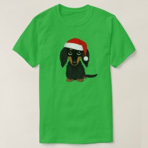 Longhaired Black and Tan Dachshund Santa Christmas T-Shirt