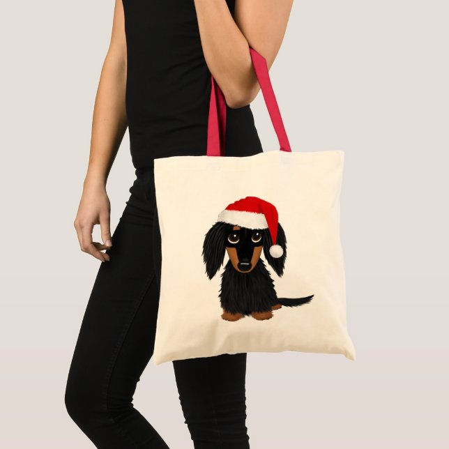 Longhaired Black and Tan Dachshund Santa Christmas Tote Bag (Front (Product))