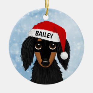 Longhaired Black and Tan Dachshund Santa Custom Ceramic Tree Decoration