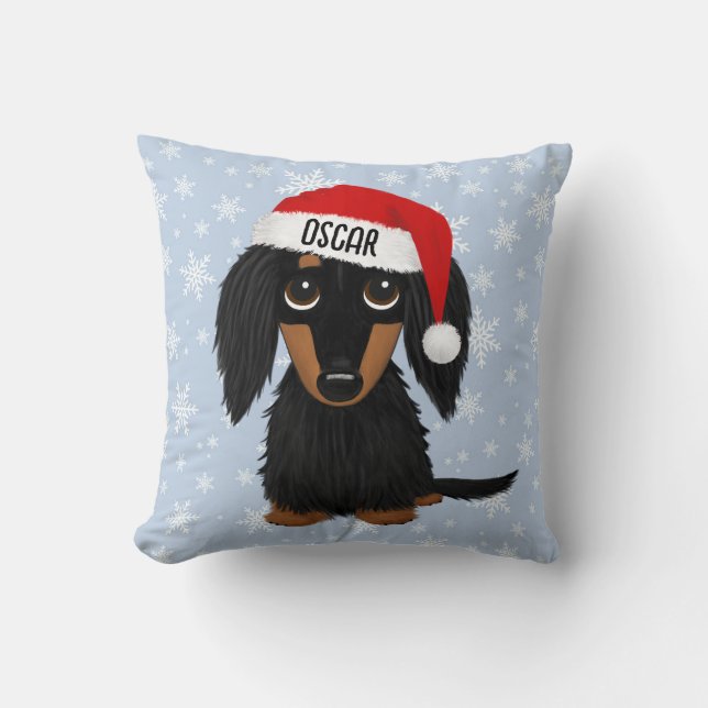Longhaired Black and Tan Dachshund Santa Custom Cushion (Front)