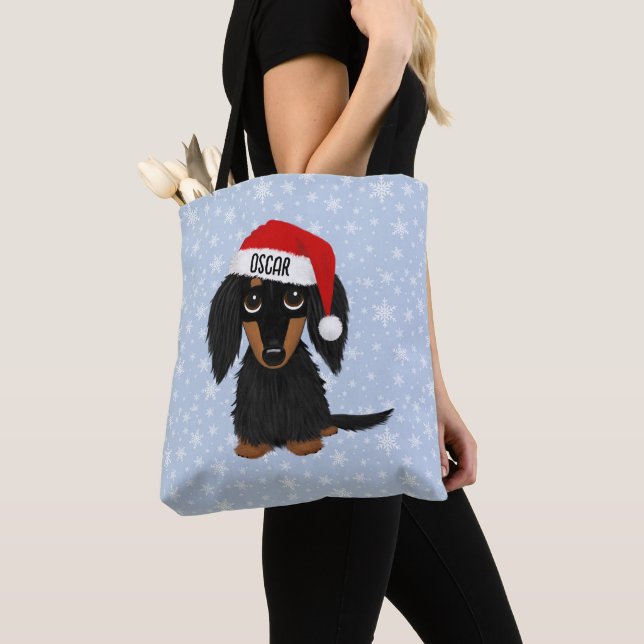 Longhaired Black and Tan Dachshund Santa Custom Tote Bag (Close Up)