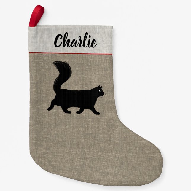 Longhaired Black Cat Personalised Pet Lover's Small Christmas Stocking (Front)