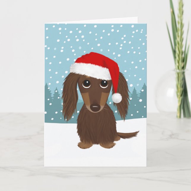Longhaired Chocolate Dachshund Cute Dog Christmas Holiday Card (Front)