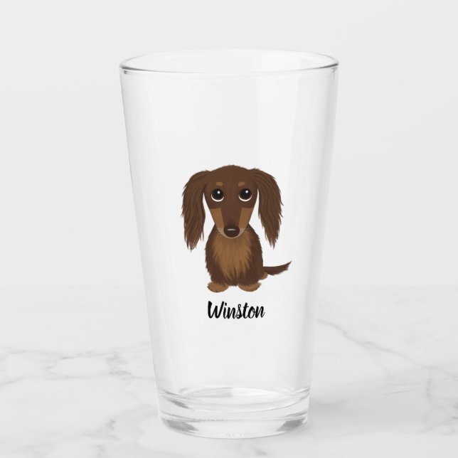 Longhaired Chocolate Dachshund Dog Custom Glass (Front)