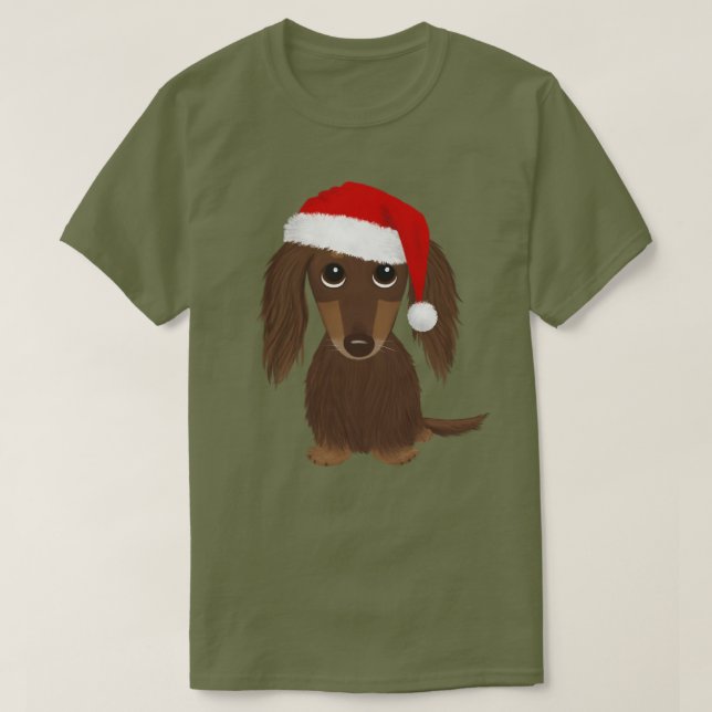 Longhaired Chocolate Dachshund Santa Christmas T-Shirt (Design Front)