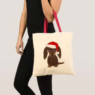 Longhaired Chocolate Dachshund Santa Christmas Tote Bag