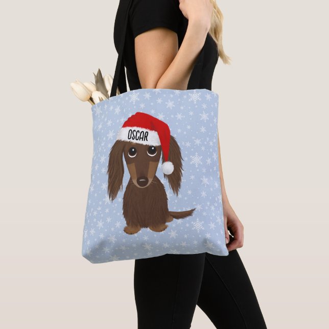 Longhaired Chocolate Dachshund Santa Custom Name Tote Bag (Close Up)
