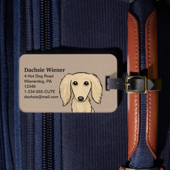 Longhaired Cream Dachshund | Cartoon Wiener Dog Luggage Tag (Front Insitu 4)