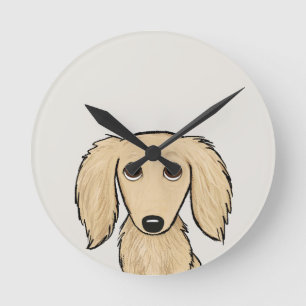 Longhaired Cream Dachshund Cartoon Wiener Dog Round Clock