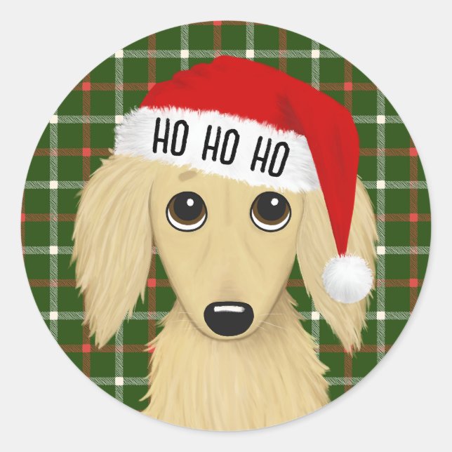 Longhaired Cream Dachshund Santa Dog Christmas Classic Round Sticker (Front)