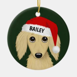 Longhaired Cream Dachshund Santa Dog Custom Ceramic Tree Decoration