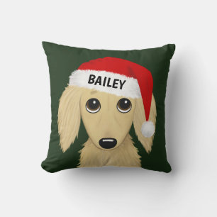 Longhaired Cream Dachshund Santa Dog Custom Cushion