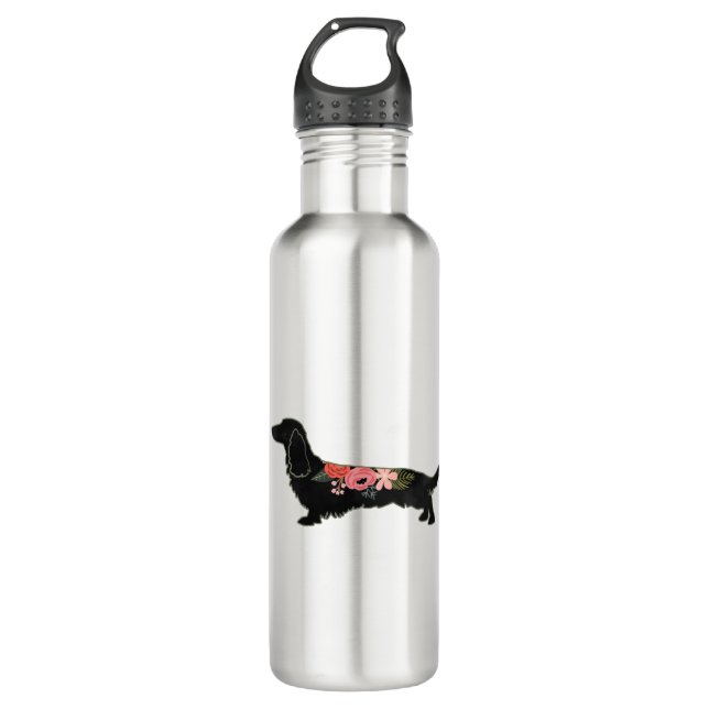 Longhaired Dachshund Bohemian Floral Silhouette 710 Ml Water Bottle (Front)