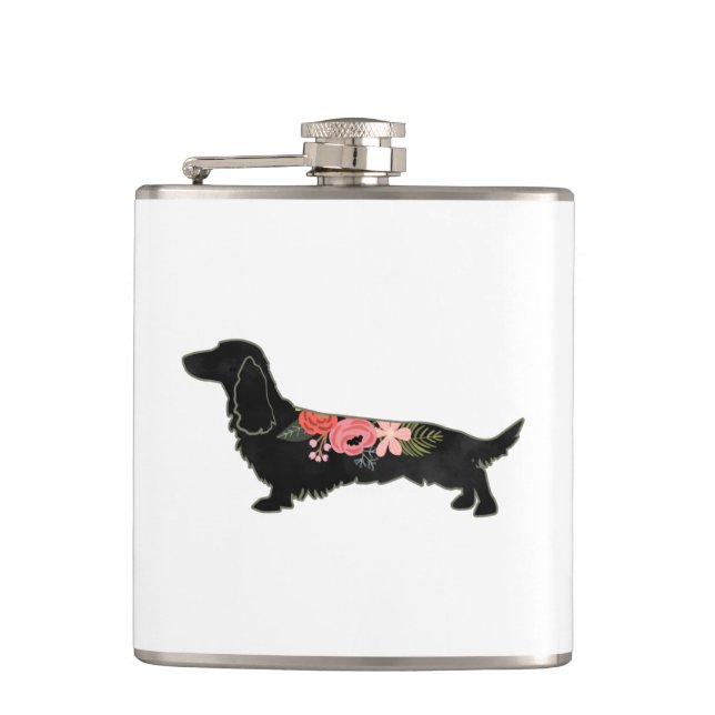 Longhaired Dachshund Bohemian Floral Silhouette Hip Flask (Front)