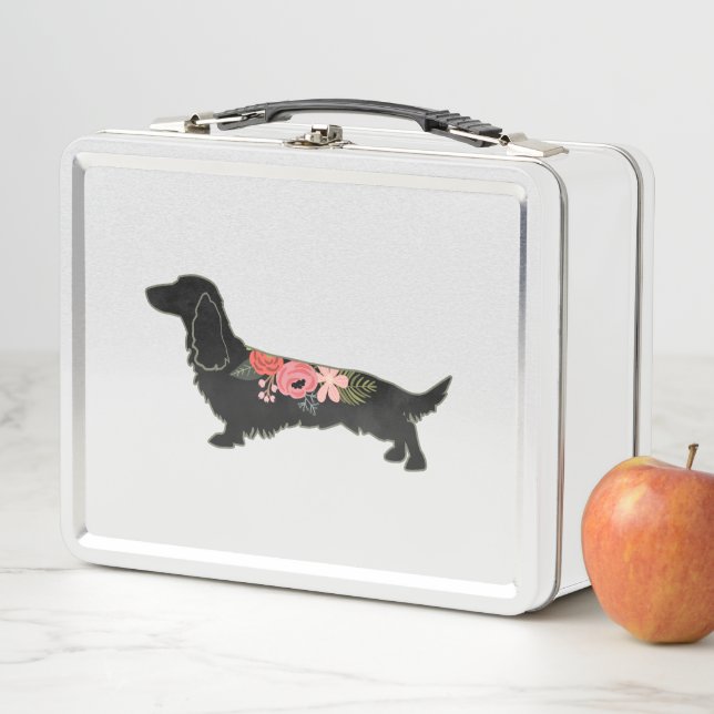 Longhaired Dachshund Bohemian Floral Silhouette Metal Lunch Box (In Situ)