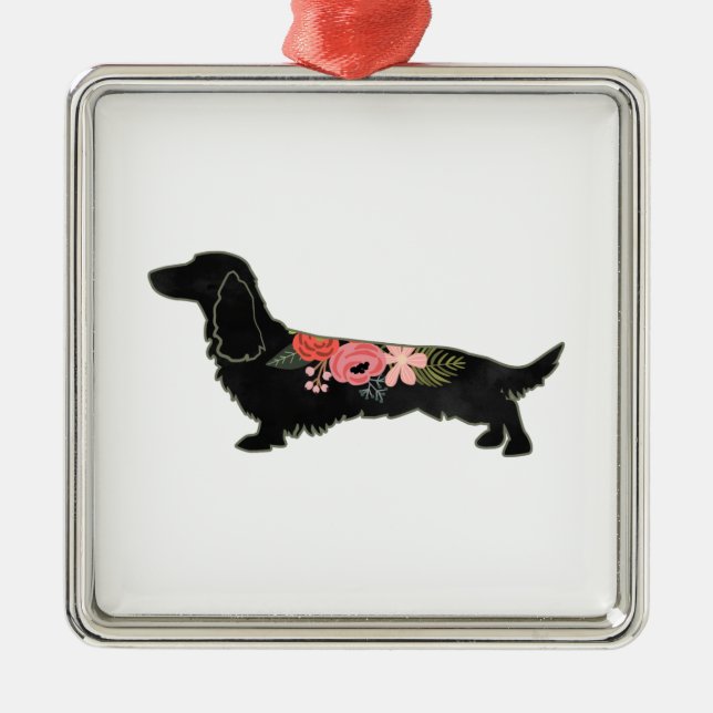Longhaired Dachshund Bohemian Floral Silhouette Metal Tree Decoration (Front)